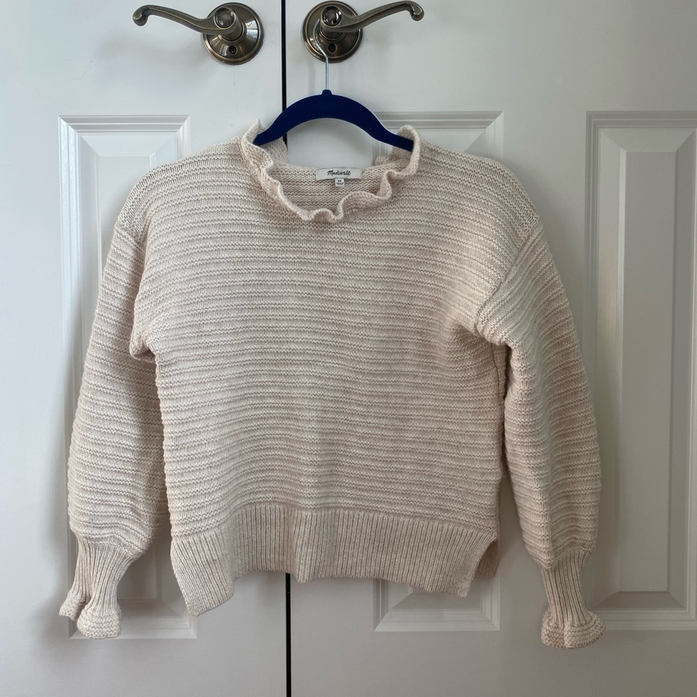 Madewell Women’s Sweater with Pinch Ruffle Sleeves, Size: XS, Off White/ Cream